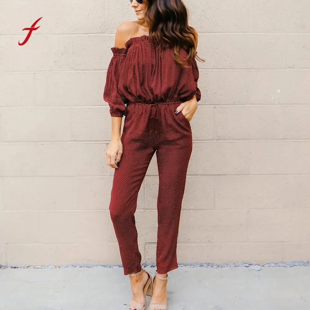 

2018 Sexy Womens Ladies Long Sleeve Jumpsuits Romper Dot Wine Off Shoulder Playsuit Long Pants Slim Jumpsuit