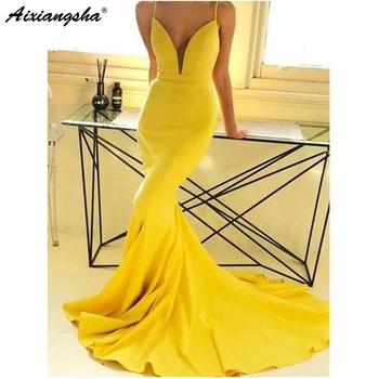 

Simple Yellow 2018 Prom Dresses Mermaid Spaghetti Straps V-Neck Backless Party Maxys Long Prom Gown Cheap Evening Party Dresses