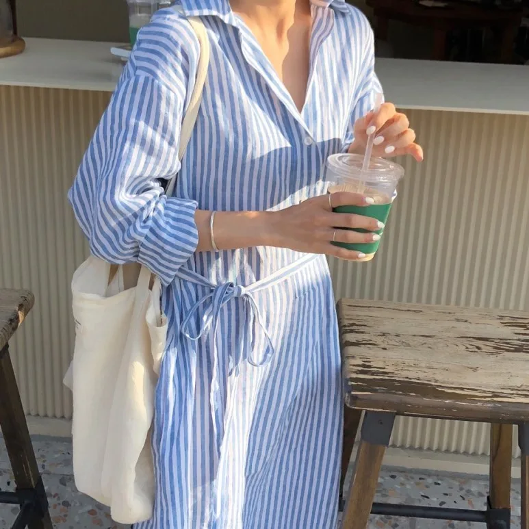 

2019 Summer Women Casual Loose Draped Striped dress Long sleeve Mid-calf Femel Vesdido