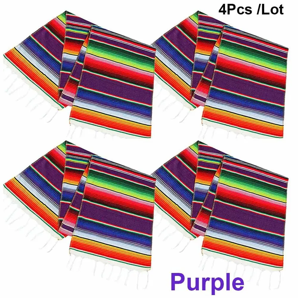 Purple-4Pcs Мексиканский Serape Настольная дорожка хлопковая скатерть Радуга DIY свадебные Fiesta вечерние украшения 213X35 см 1/2/4/5 шт 2 Цвета - Цвет: Purple-4Pcs