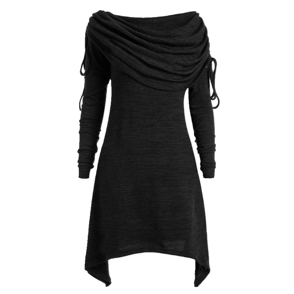 

Women Slim Fit Ruched Solid Sweatshirt Autumn Casual Irregular Hem Midi Foldover Collar Baggy Long Sleeve