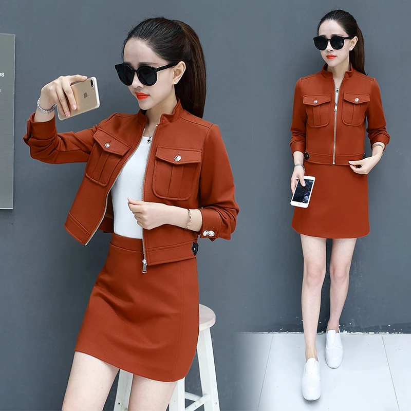 

Spring new skirt suit women's clothing Korean fashion short skirts two-piece clothing set lady coat top zip top vestido girl