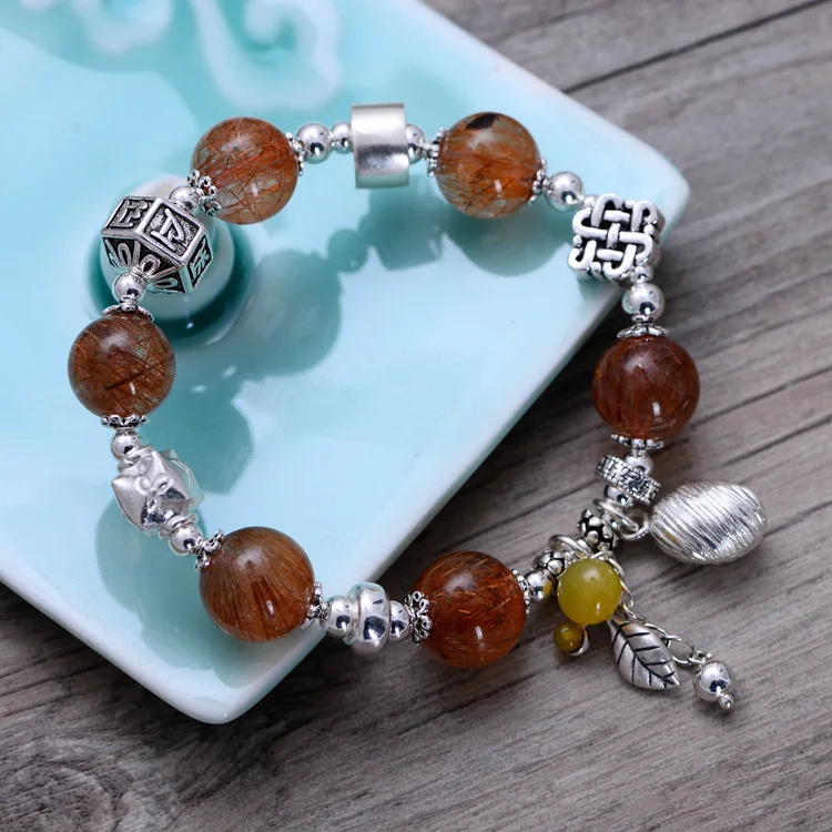 

Fashion 925 Sterling Silver Vintage Single String Quartz Rutilated Bracelet Women Thai Silver Gift Jewelry CH058323