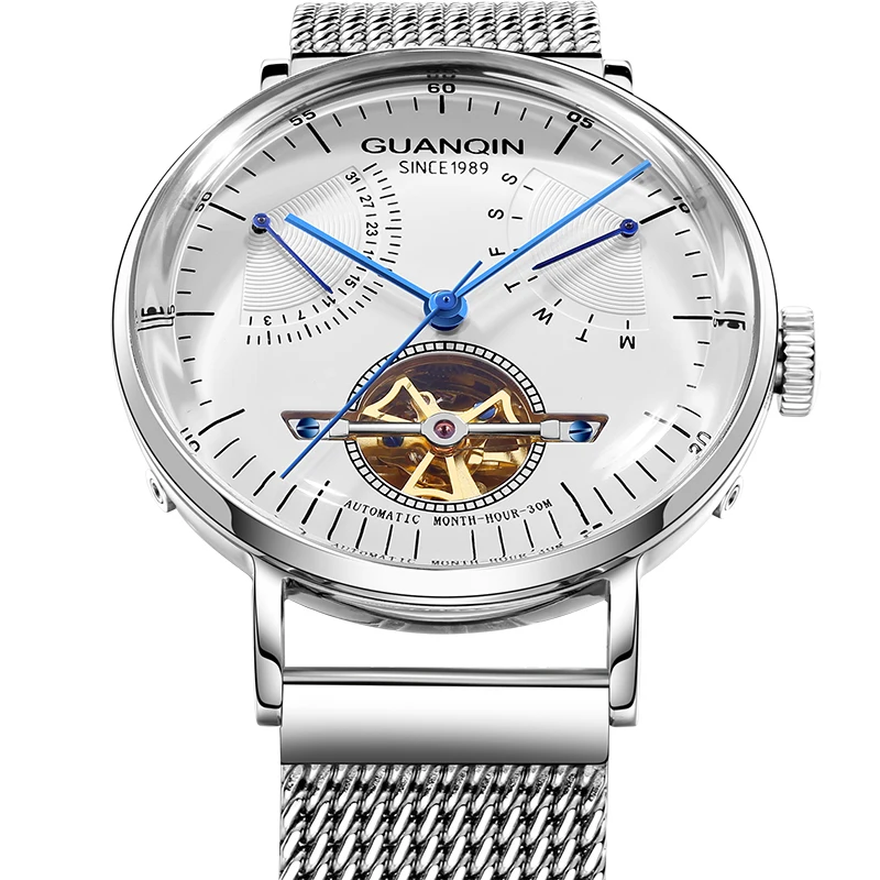 Автоматические Мужские часы GUANQIN Tourbillon механические из нержавеющей стали