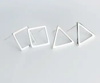 

12mm Real. 925 Sterling Silver BIG Plain Hollow Open works Square /Triangle Shape Stud Earrings Geometric Fine jewellry GTLE371