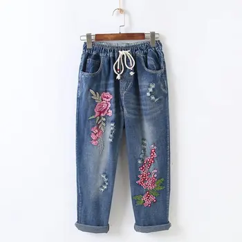 

Women Vintage Ripped Plus Size Pants Casual Lace Up Jeans Embroidery Elastic Waist Denim Pants
