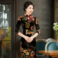 Chinese Traditional Women Velvet Sexy Dresses Mandarin Collar Print Flower Slim Qipao Lady Elegant Cheongsam Plus Size 4XL