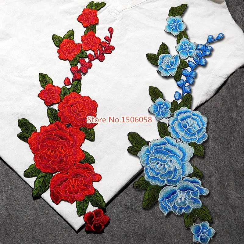 

2 pcs/lot 6 colors Peony Embroidery Cloth Qipao Ancient Costume, Han Dress Stage Dress Patch Patch Large Long Flower