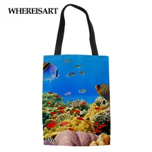 WHEREISART Женская хлопчатобумажная хозяйственная Сумка Морская жизнь печать холст большой емкости многоразовые пляжные сумки мешочек экологичные продукты