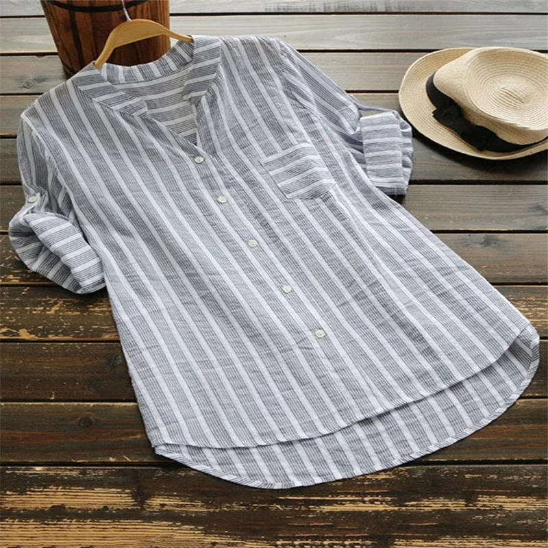 

5XL Plus Size Loose Casual Shirt Cotton Three Quarter Sleeve Striped Women Blouse Fashion Sexy V-Neck Spring Blusas Feminina Top