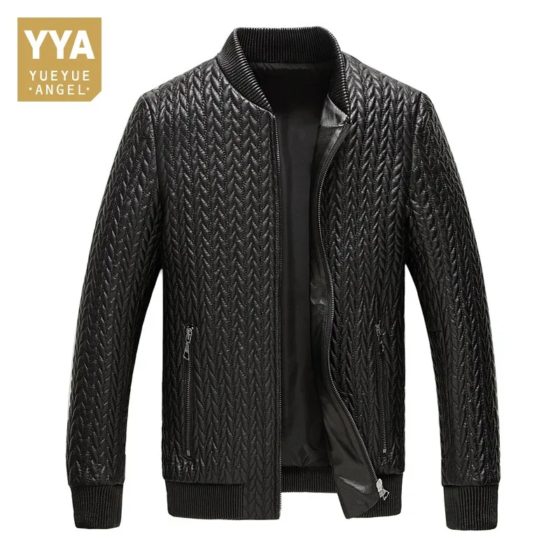 

Winter Warm Cotton Liner Mens Bomber Jacket Stand Collar Zipper Business Casual Slim Fit Genuine Leather Suit Coat Male Outwear