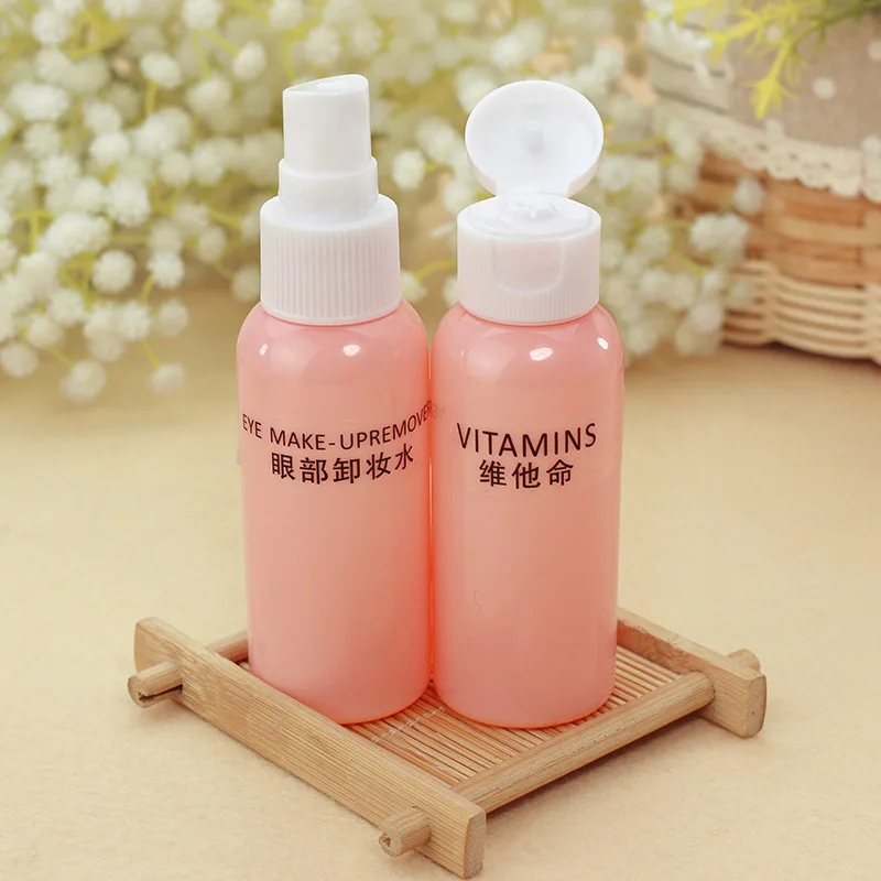 spesifikasi Perjalanan Isi Ulang Botol Set Paket Botol Kosmetik Press Plastik Botol Semprot Alat Make Up Kit untuk Perjalanan Vaporizer Pink