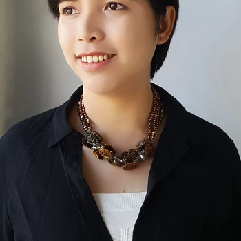 

Lii Ji Natural Tiger's eye Flowers Freshwater Pearl Shell Clasp Handmade Knitting Necklace For Women Fashion Jewelry