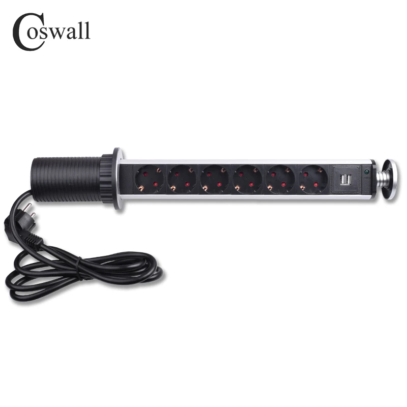 

COSWALL 16A PULL POP UP 3/4/5/6 Power Socket 2 USB Charging Port Kitchen Table Desktop Sockets Retractable Worktop EU Plug