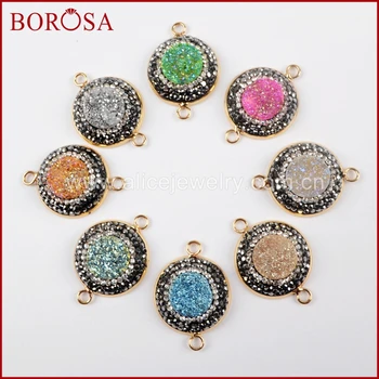 

BOROSA 10PCS Gold Color Round Natural Druzy Mixcolor Crystal Paved Black Zircons Rhinestone Connector for Charm Bracelets JAB898