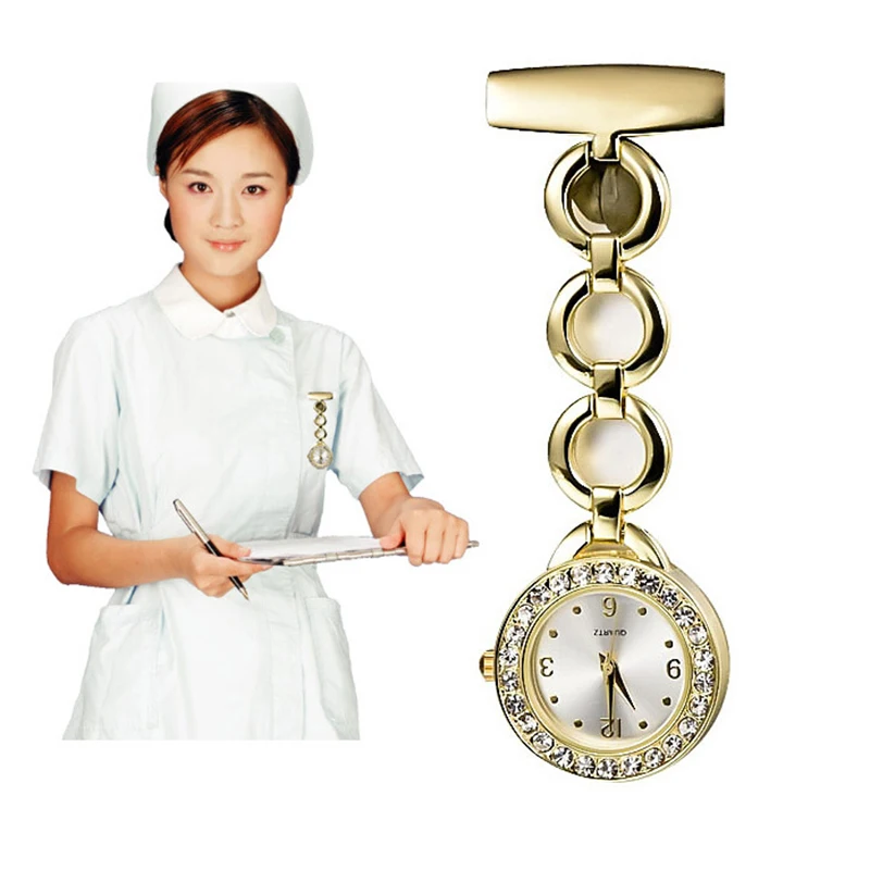 2 Colors Rhinestone Crystal Stainless Steel Watch Elegant Woman Lady Quartz Brooch Nurse Watch Women Gold Silver Luxury Watches