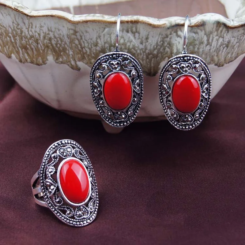 HOT Vintage Turkey Jewelry Sets Ancient Silver Plated Boho Ring + Earrings Wholesale Price Sales