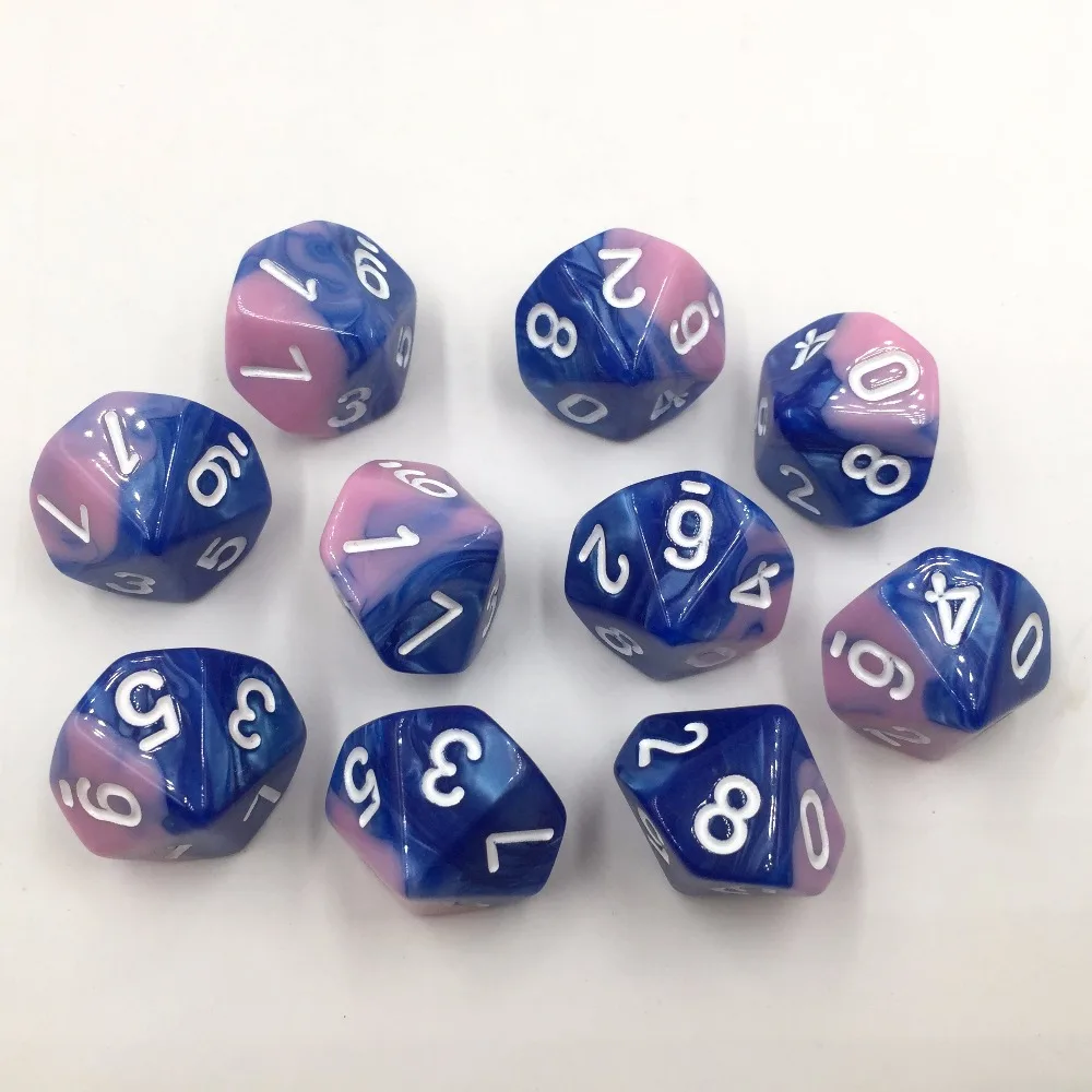 

(10 pcs/set) Rollooo Polyhedral Dice 10 Sided Dice D10s Blue and Pink with White Numbers