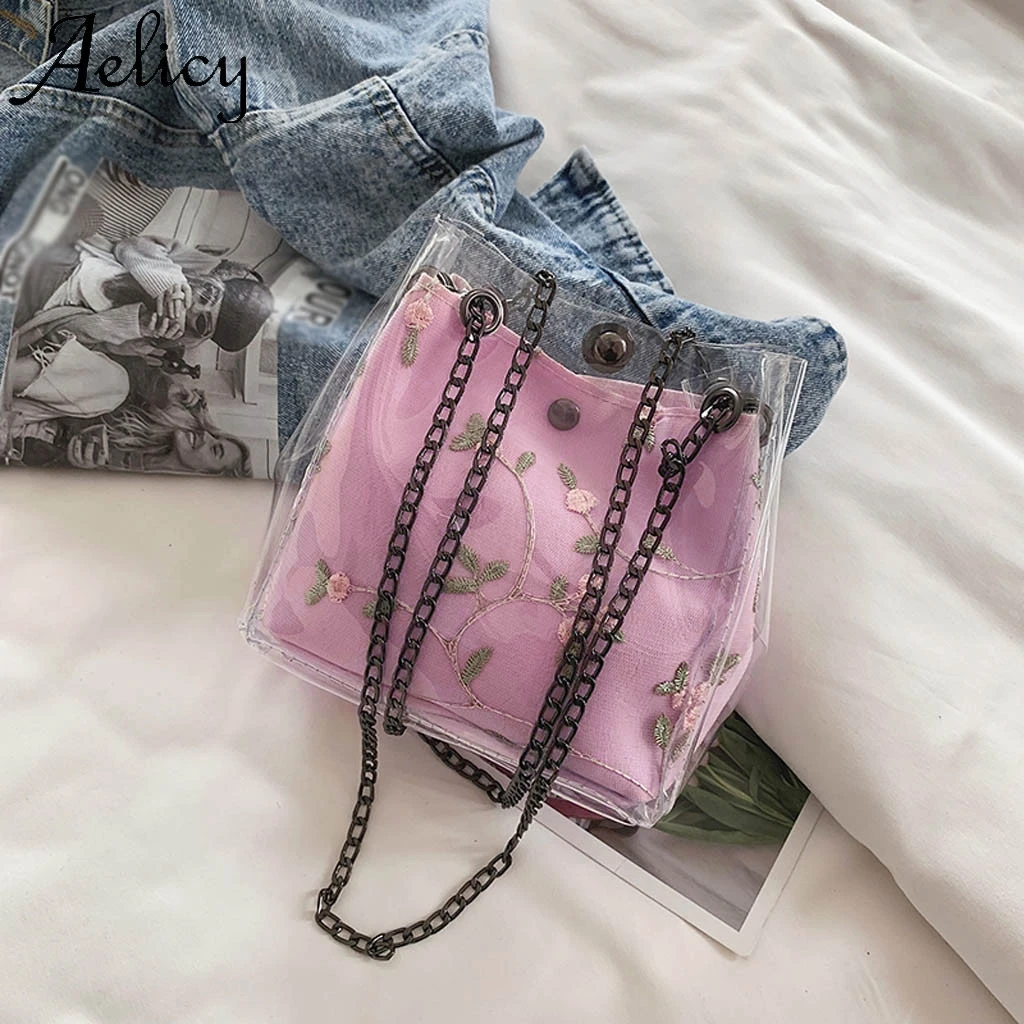 Aelicy Women Small Transparent Bucket Bags Chain Bag Totes Compound Female Mini Bag High Quality Solid Bag Totes Phone Pocket