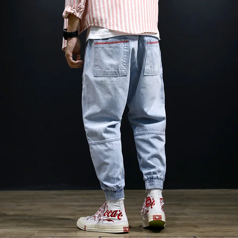 Japanese Style Fashion Men Jeans Light Blue White Wash Loose Fit Harem Pants hombre Streetwear Ripped Hip Hop Joggers Jeans Men