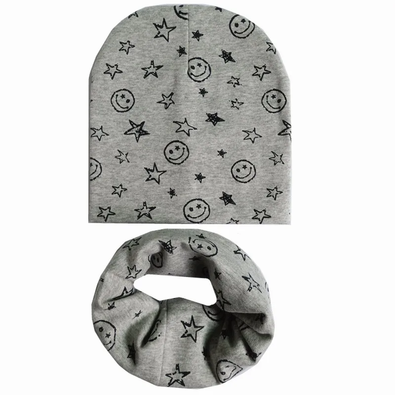 Осенне-зимняя Хлопковая шапочка для младенца, комплект для мальчиков и девочек, шарф с воротником, весенний теплый шейный платок, Детские модные комплекты шапок, детские шапки, шарфы - Цвет: gray  smile