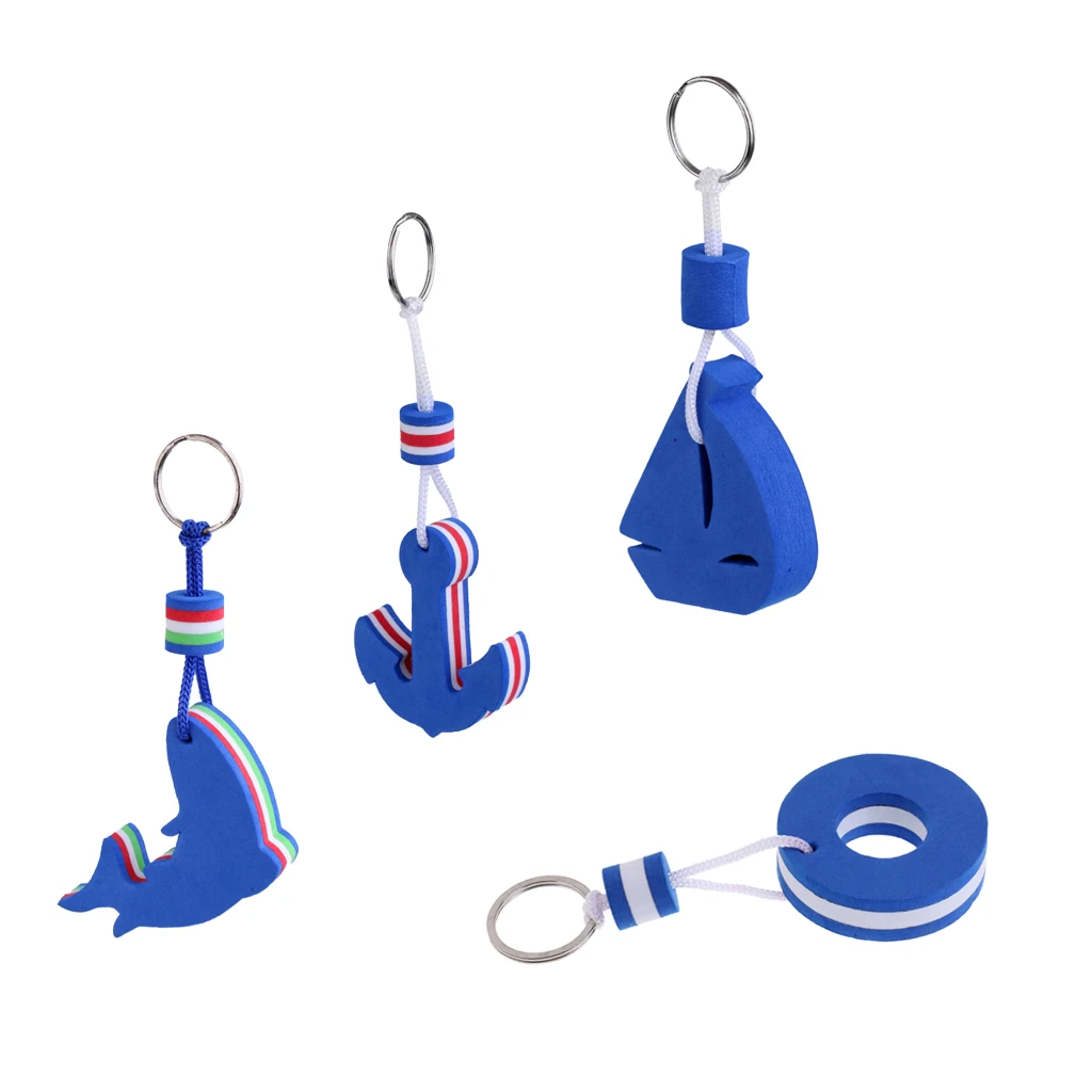 4 Pieces Boat Floating Key Chain Storage Keychain Water Sports Sailing, Anchor, Dolphin and Buoy Shaped Set Blue 