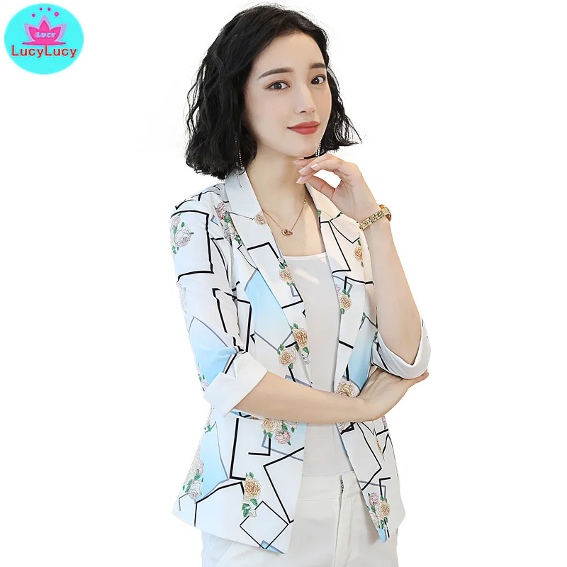 2019 Korean version of the new slim print seven-point sleeve summer small suit jacket