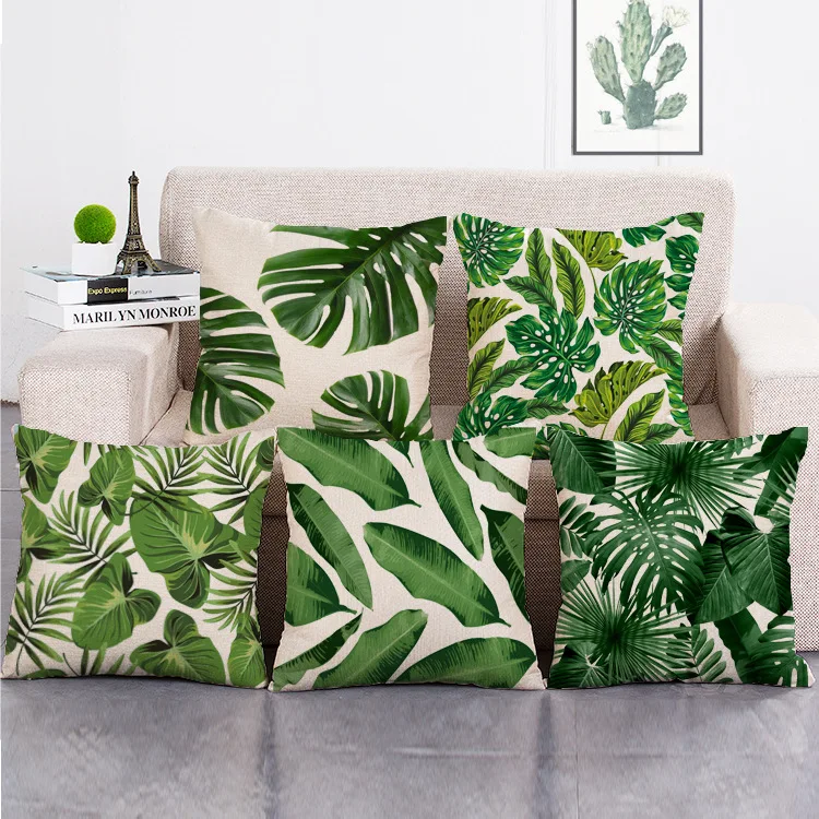 Декоративный чехол для подушки с тропическим зеленым растением, листьями пальм, листьями, хлопковым и льняным рисунком, декоративный чехол для подушки, funda cojines