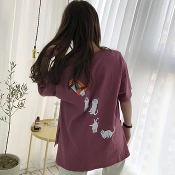 

New Fashion Cartoon Cats Printed T-shirt Casual Tees Women O-Neck Short Sleeve Long T Shirt Summer Split Bottom Tops for Females