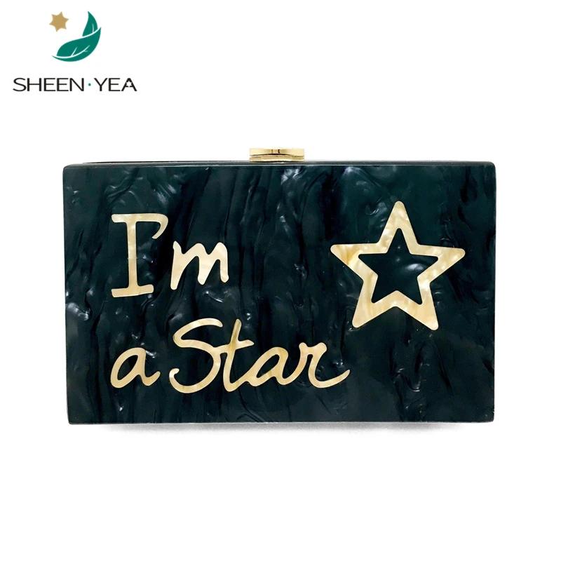 

New designer Women wallet luxury evening bag Cute letter Star partchwork acrylic hard box stylish ladies Casual Clutch handbags