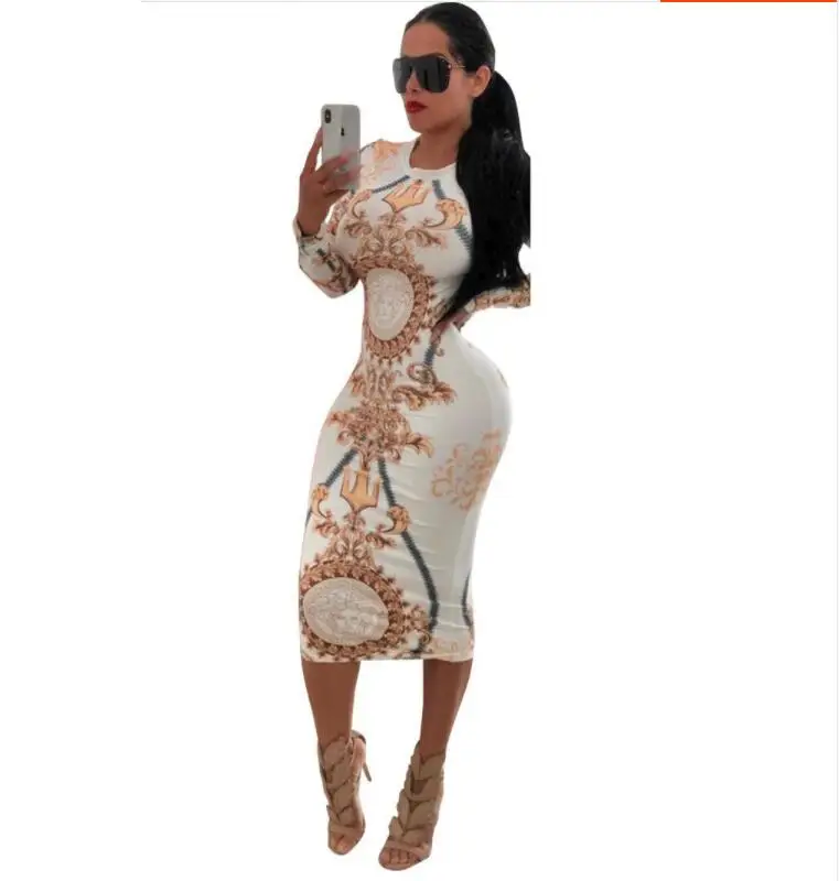 

Best selling women's long dress multi-color plus code round neck long-sleeved print Slim high quality summer maix dress sukienki