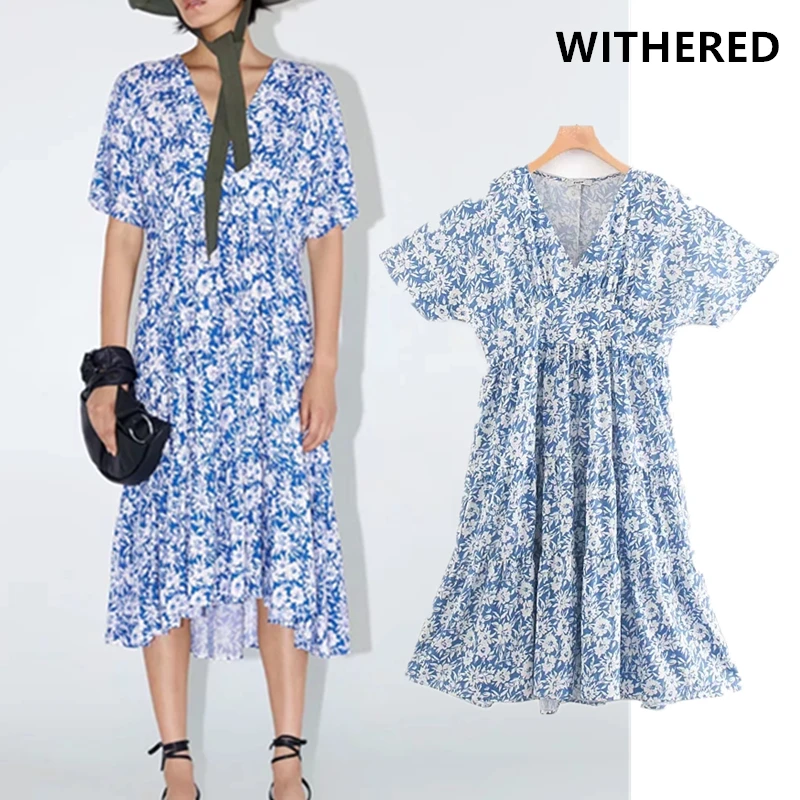 

Withered party dress women vestidos bohemian blue floral printing v-neck loose vestidos de fiesta de noche maxi dress plus size