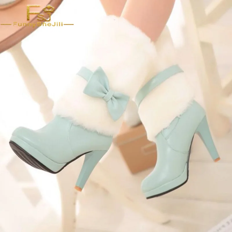 

FSJ Light Green Christmas Day Winter Date Thick Fur Turquoise Boots Cute Platform Mid-calf Women Booties For Cold Weather Size
