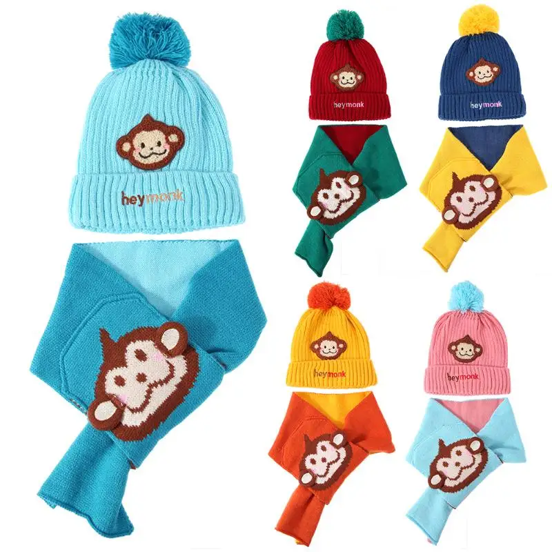 

1 Set Hat + Scarf Autumn Winter Baby Hat Scarf Set Thickening Knitted Kids Fleece Cap Windproof Warm Hats