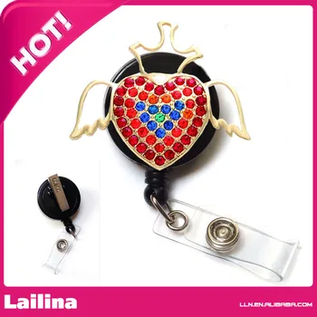 

Red Crystal Heart Shape with Angel Wings Rhinestone Retractable Badge Reel/ ID Badge Holder