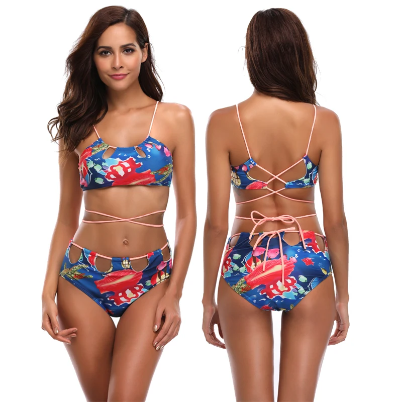 

New Sexy Strappy Bandage Bikini Women Swimsuit Floral Print Bathing Suit S-XL Girl Backless Paded Halter Swimwear Hollow Bikini