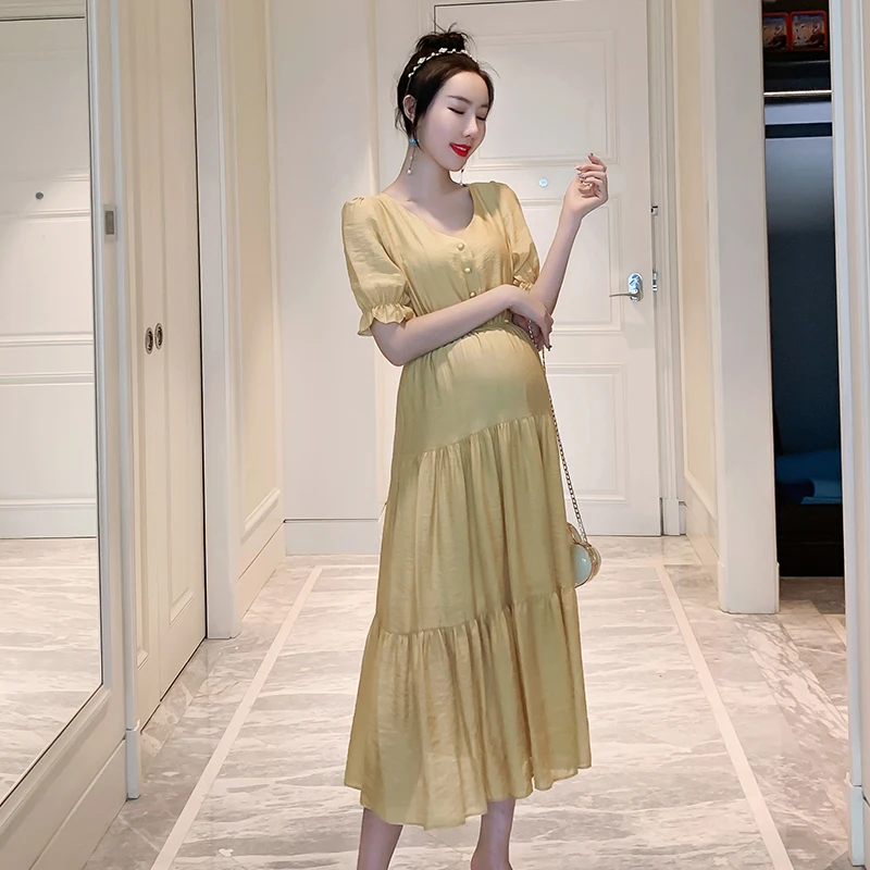 

168# 2019 Summer Korean Fashion Maternity Long Dress Elegant Bodycon Slim A Line Clothes for Pregnant Women Sweet Pregnancy Wear