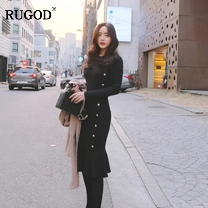 Осенне зимнее трикотажное платье RUGOD 2019 женское элегантное дизайнерское с