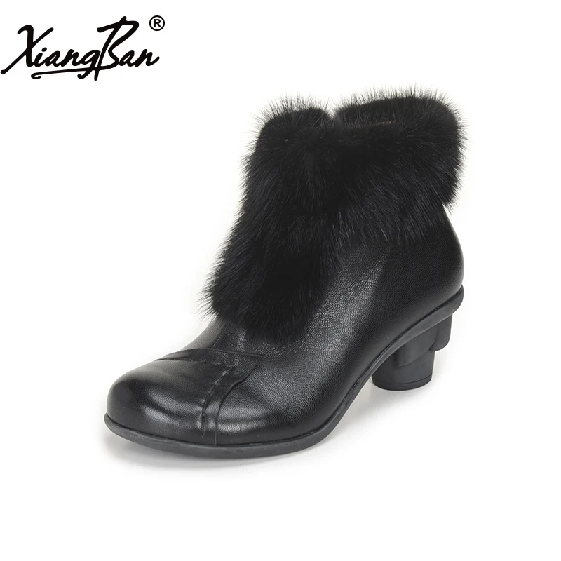 

Comfortable winter shoes women genuine leather high heel ankle women boots black fur decoration