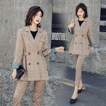 

Women 2 Two Piece Sets Khaki Plaid Blazer+High Waist Pencil pants Office Lady Notched Jacket Pant Suits Korean Outfits Femme