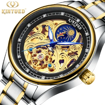 

KINYUED Golden Skeleton Automatic Watches Luxury Diamond Design Stainless Steel Men's Mechanical Wrist Watches Luminous Male
