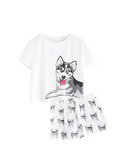 Women Pet Print 2 Pieces Set Design Crop Top Shorts Stretchy Cute Cartoon Print Tee and Shorts Loose Tops Elastic Waist Casual Women Pet Print 2 Pieces Set Design Crop Top Shorts Stretchy Cute Cartoon Print Tee and Shorts Loose Tops Elastic Waist Casual