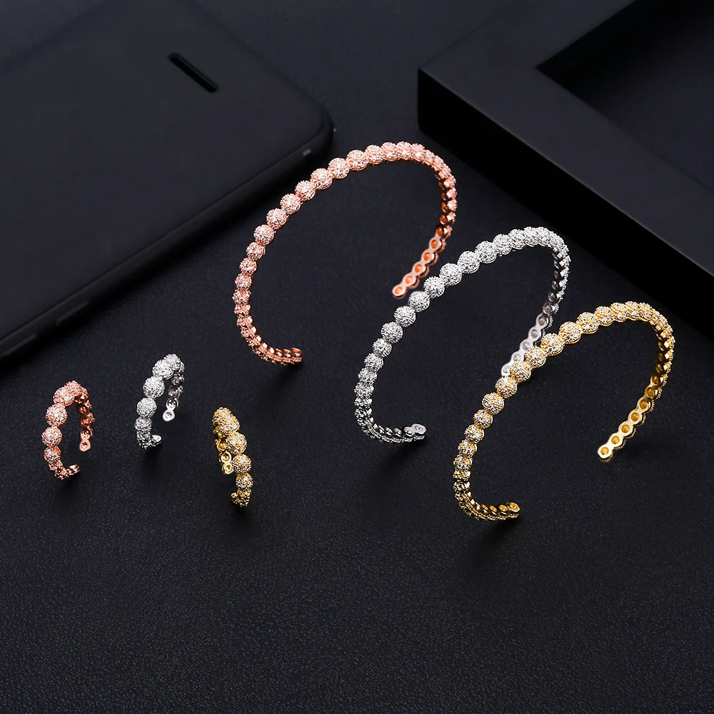 

jankelly Luxury ball shape Bangle Ring Sets Fashion Dubai Silver Bridal Jewelry Sets For Women Wedding brincos para as mulheres