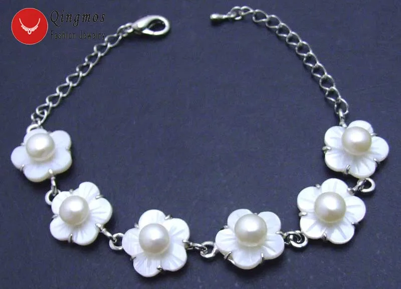 

Qingmos 14mm White Flower Shell Bracelet for Women with 6-7mm Natural White Flat Pearl Bracelet Jewelry Adjustable 6-8.5" bra253