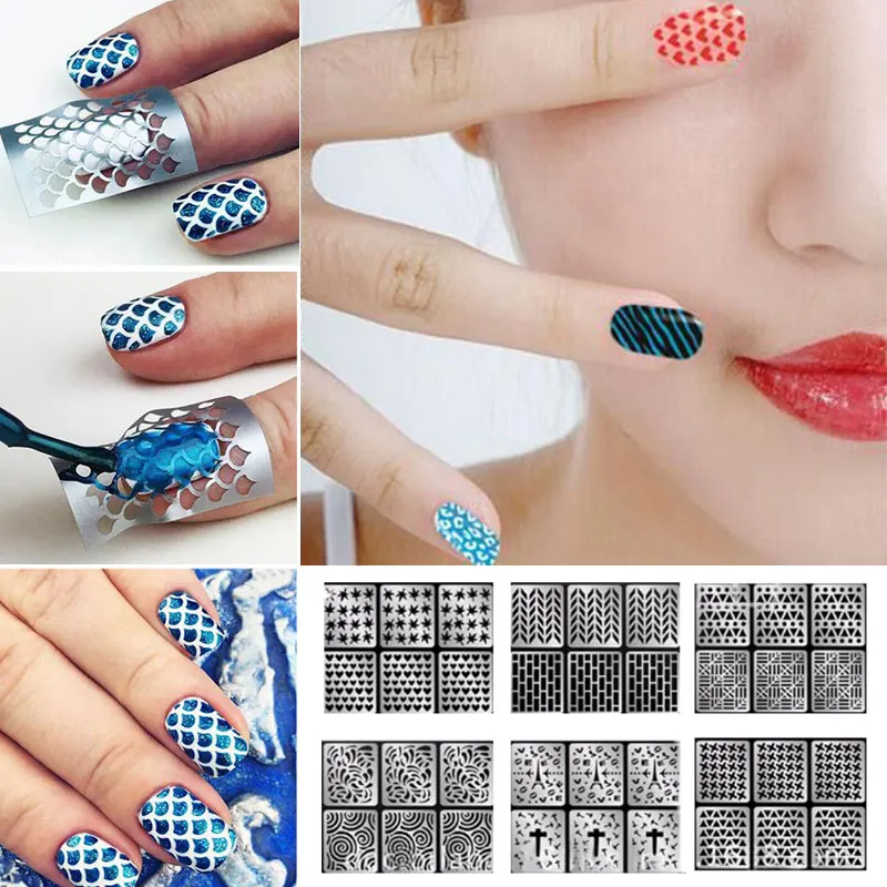 24Sheets New Nail Vinyls Hollow Irregular Grid Stencil Reusable