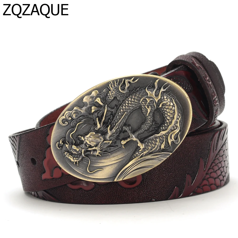 Китайский дракон стиль мужские роскошные качественные ремни из коровьей кожи Модные мужские тисненые животные узор подарок пояса SY1328