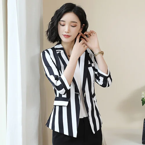 2019 Summer Women's   Slim Suit Jacket Korean Version Temperament Leisure Stripes Office Lady Fashionable Woman Blazer Oversize