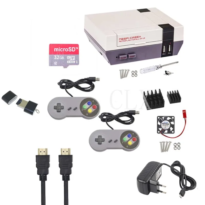  NESPI Case+Plus Retroflag Kit with Fan + 2 pcs Game Controllers+heatsink+32GB card+HDMI+power for R