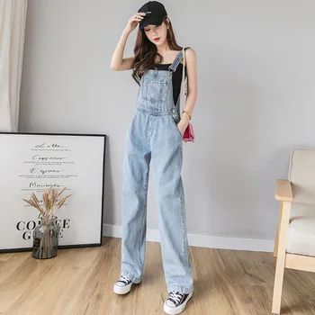 

Summer Denim Jumpsuit Women Casual Front Pocket Design Jeans Overalls Rompers Ladies Wide Leg Jumpsuits combinaison femme