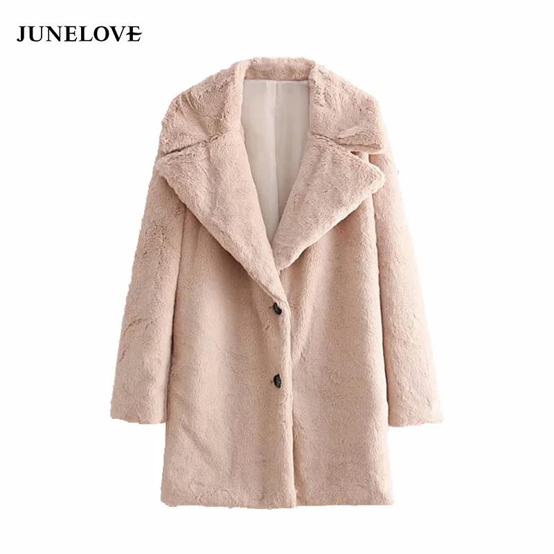 

JuneLove Women Winter Chic Warm Faux Fur Long Coat Casual Lapel Collar Long Sleeve Female Thick Coat Vintage Lady Coat Outwears